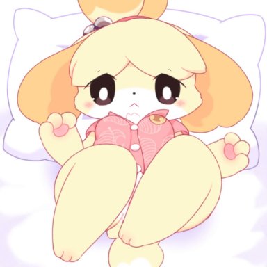 animal crossing, nintendo, isabelle (animal crossing), rosie (animal crossing), nakimayo, :&lt;, &gt; &lt;, accessory, anthro, anus, bed, bell, black eyes, blush, bodily fluids