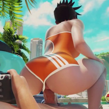 overwatch, tracer, almondsfm, fpsblyck, grand cupido, vgerotica, yeero, 1boy1girl, beach, reverse cowgirl position, sex, sex from behind, straight, 3d, animated