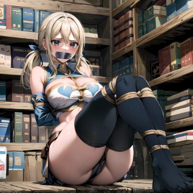 fairy tail, lucy heartfilia, arms tied behind back, black panties, black socks, blonde hair, blush, bondage, bound ankles, bound legs, brown eyes, gag, gagged, looking at viewer, sitting