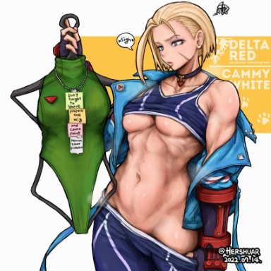 capcom, street fighter, street fighter 6, cammy white, hershuar, 1girls, abs, biceps, blonde hair, blue eyes, blue jacket, breasts, british, british female, clothes hanger