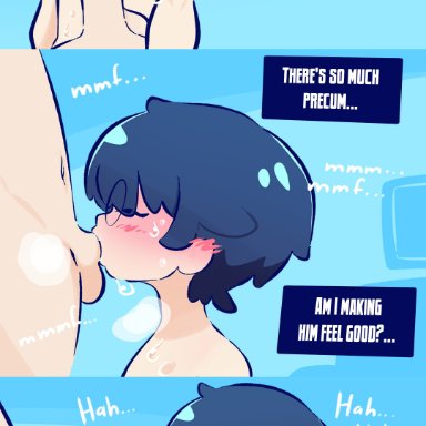 hoobl (character), hoobl, ahe gao, balls, blue hair, blush, cum in mouth, cumshot, faceless male, femboy, gay denial, glasses, light-skinned male, male/male, nipples