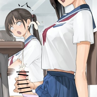 original, shiratama (monster1553), 1futa, 1girls, being watched, big penis, black hair, blue skirt, bottomless, breasts, brown eyes, chair, classroom, clothed, clothing