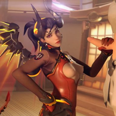 overwatch, devil mercy, genji, mercy, vsmnd, breasts, devil horns, handjob, looking at viewer, partially clothed, wings, animated, no sound, tagme, video