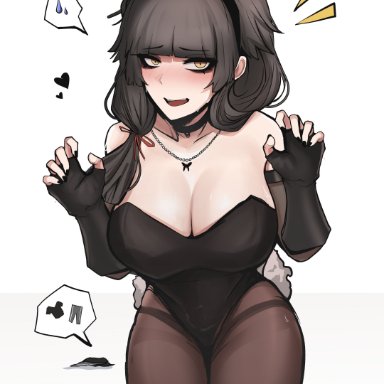 ophelia's mom (merryweather), merryweather, mikuneki, 1girls, alternate costume, bare shoulders, black hair, blush, breasts, bunny ears, bunnysuit, choker, elderly female, gloves, goth