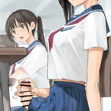 original, shiratama (monster1553), 1futa, 1girls, being watched, big penis, black hair, blue skirt, bottomless, breasts, brown eyes, chair, classroom, closed mouth, clothed