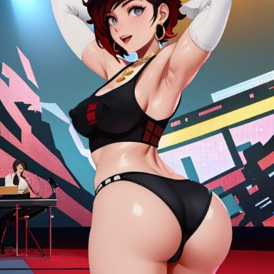 rwby, ruby rose, alexandhotdogai, arm sleeves, arms behind head, athletic clothing, big ass, big breasts, black hair, bubble butt, dumptruck ass, fat ass teen, gold jewelry, gray eyes, hip hop