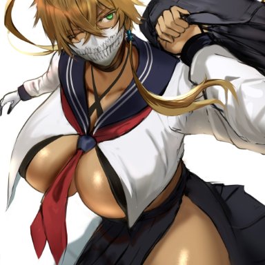 bleach, tia harribel, jikihatiman, 1girls, alternate costume, bag, big breasts, black bra, black skirt, black thighhighs, blonde hair, bra, breasts, choker, dark skin