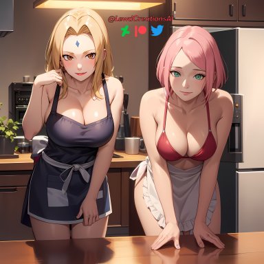 naruto, naruto (series), naruto shippuden, haruno sakura, sakura haruno, tsunade, lewdcreationsai, apron, bent forward, bent over table, big breasts, blonde female, blonde hair, blush, breasts