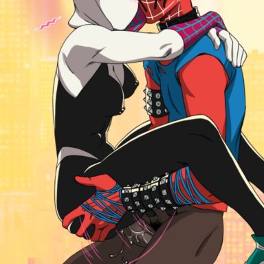 marvel, gwen stacy, hobart brown, spider-gwen, spider-punk, 1boy, 1girls, ahe gao, ahegao, big penis, dark-skinned male, interracial, mask, masked female, masked male