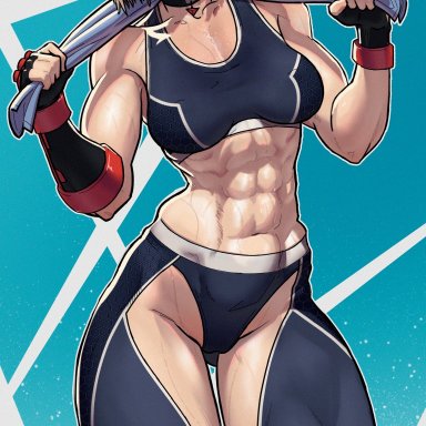 capcom, street fighter, street fighter 6, cammy white, stopu, abs, ahoge, blonde hair, blue eyes, bra, breasts, choker, clothing cutout, cutout, fingerless gloves