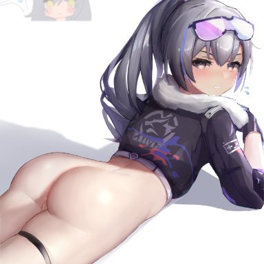 honkai (series), honkai: star rail, silver wolf (honkai: star rail), stelle (honkai: star rail), !, 2girls, ass, bandaid, bandaid on back, black gloves, black jacket, blue hair, blush stickers, bottomless, clenched teeth