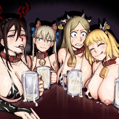 soul eater, elizabeth thompson, maka albarn, nakatsukasa tsubaki, patricia thompson, mobi mobi, 4girls, bell collar, black hair, blonde hair, blonde hair female, blue eyes, breasts out, collar, cow ears