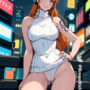 one piece, nami, nami (one piece), stable diffusion, anime style, bare shoulders, cameltoe, cyberpunk, egghead, female, futuristic, hand on hip, headphones, no pants, orange eyes