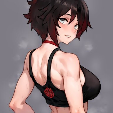 rwby, ruby rose, bluefield, 1girls, alternate breast size, back, blush, breasts, choker, female, fit female, large breasts, light skin, light-skinned female, looking at viewer