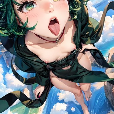 one-punch man, tatsumaki, stable diffusion, feet, female, female focus, female only, flying, foot fetish, green eyes, green hair, looking up, skinny, small breasts, tongue