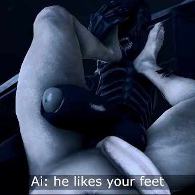 alien (franchise), male xenomorph, xenomorph, rayhuma, 2boys, alien, alien humanoid, anal, balls, cum, cum in ass, cum inside, erection, feet licking, feet on face