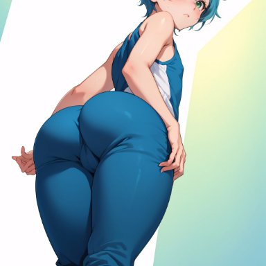 original, 1boy, ass, ass focus, bare shoulders, blue hair, blush, bubble butt, bulge, crossdressing, femboy, from behind, from below, green eyes, huge ass