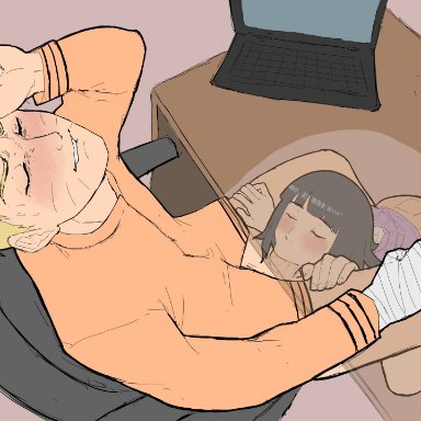 boruto: naruto next generations, hyuuga hinata, uzumaki naruto, 1girls, black hair, blonde hair, blowjob, blush, bottomless, bottomless male, closed eyes, clothed sex, desk, endured face, fellatio