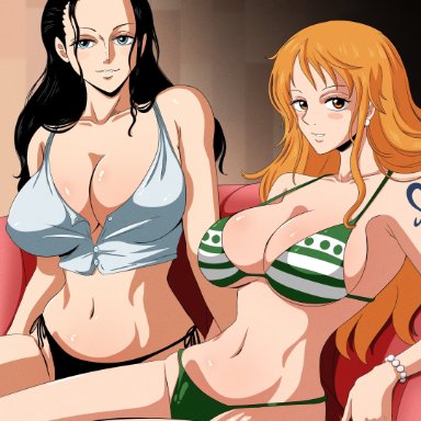 one piece, nami, nami (one piece), nico robin, phil96art, belly, big breasts, bikini, bikini bottom, bikini top, black hair, blue eyes, breasts, brown eyes, huge breasts