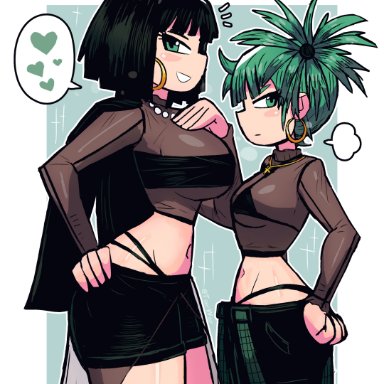 one-punch man, fubuki (one-punch man), tatsumaki, tony welt, 2girls, big breasts, black hair, earrings, eyebrows, eyelashes, female, female only, green eyes, green hair, large breasts