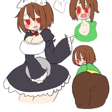 undertale, chara, petronoise, 1girls, ass, brown hair, busty, cute, female, hypnotized personality change, hypnotized presentation, large breasts, looking at viewer, looking back, maid