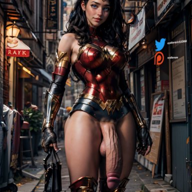 dc comics, wonder woman, nai diffusion, stable diffusion, sydlorem, black hair, blue eyes, flaccid, flaccid penis, futa only, futanari, holding bag, holding object, huge cock, large balls