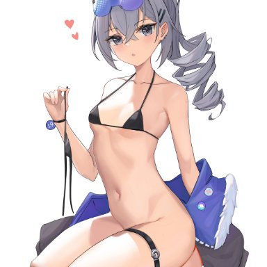 honkai: star rail, silver wolf (honkai: star rail), :o, eyewear on head, goggles on head, heart, micro bikini, pants off, simple background, small breasts, sunglasses on head