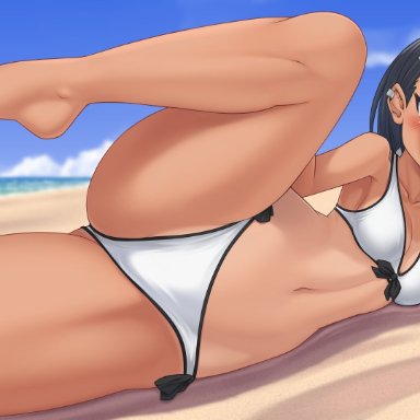 please don't bully me, nagatoro, hayase nagatoro, tom-ace, 1girls, beach, bikini, black hair, blush, brown eyes, cleavage, earrings, female, female only, laying on side, leaning on elbow