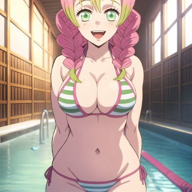 demon slayer, kimetsu no yaiba, kanroji mitsuri, stable diffusion, big breasts, bikini, female, green eyes, pink hair, smile, twin braids, ai generated