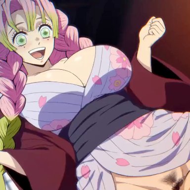 demon slayer, kimetsu no yaiba, kanroji mitsuri, bajima shouhei, 1boy, 1boy1girl, 1girls, big breasts, bouncing breasts, breasts, breasts bigger than head, breasts out, cowgirl position, cum, cum in pussy