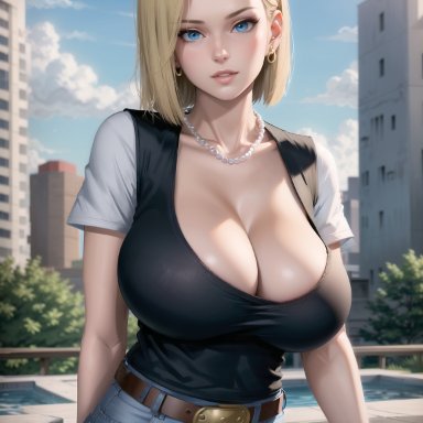 dragon ball, dragon ball z, android 18, xepon real, big breasts, blonde female, blonde hair, blue eyes, breasts, cleavage, earrings, jeans, necklace, pearl necklace, ai generated