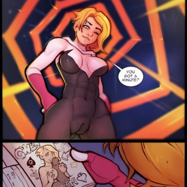 marvel, marvel comics, spider-man (series), gwen stacy, miles morales, spider-gwen, markydaysaid, armpit, armpits, bedroom, big breasts, blonde hair, blue eyes, blush, cameltoe