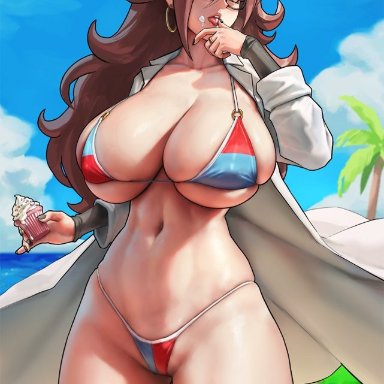 dragon ball, dragon ball fighterz, android 21, android 21 (human), vomi (dragon ball), eu03, 1girls, bikini, blue eyes, breasts, female, glasses, hips, light skin, light-skinned female