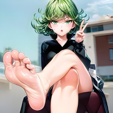 one-punch man, tatsumaki, stable diffusion, curly hair, feet, feet up, foot fetish, foot focus, green eyes, green hair, soles, wrinkled feet, wrinkled skin, wrinkled soles, wrinkly feet