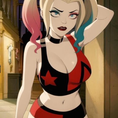dc, harley quinn (series), harley quinn, unknown artist, bonnieaiart, breasts, female, female only, solo, twintails, ai generated