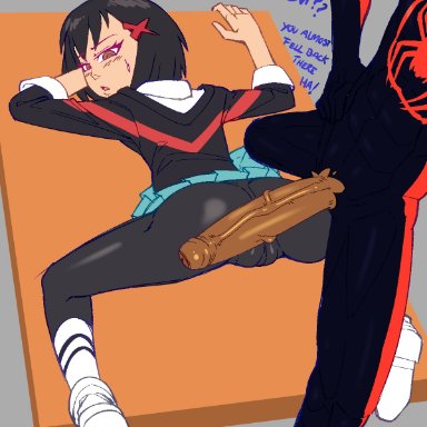 marvel, spider-man (series), miles morales, peni parker, spider-man, kenbr arts, 1boy, 1boy1girl, 1girls, abs, ahoge, asian female, ass up, black bodysuit, black hair