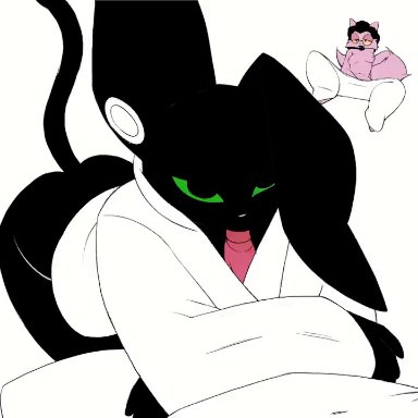 background character, felix (feliscede), void (feliscede), feliscede, anthro, ass, being watched, bending over, black body, black hair, bodily fluids, breast play, breasts, clothed titfuck, clothing
