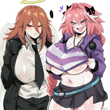 chainsaw man, fate (series), fate/apocrypha, fate/grand order, angel devil (chainsaw man), astolfo (fate), kurenaiz1, 2girls, breasts, clothed, female, halo, hips, huge breasts, light skin