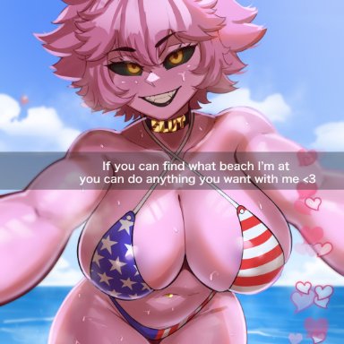 my hero academia, snapchat, mina ashido, aestheticc-meme, 1girls, american flag, american flag bikini, beach, bikini, bikini bottom, bikini top, black lipstick, black sclera, breasts, choker