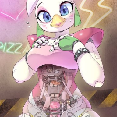 five nights at freddy's, glamrock chica (fnaf), gonzalo costa, 1girls, animatronic, beak, big breasts, blue eyes, bow, eyebrows, female, female focus, female only, hairbow, joints