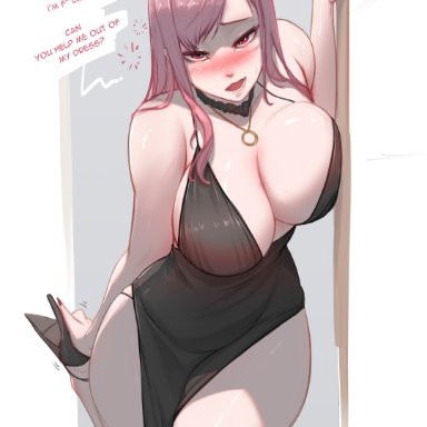 hololive, hololive english, mori calliope, myth1carts, 1girls, bare shoulders, big breasts, black dress, blush, boob window, chest, cleavage, curvy, dress, drunk