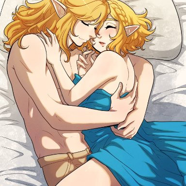 tears of the kingdom, the legend of zelda, link, princess zelda, zelda (tears of the kingdom), kinkymation, 1boy, 1girls, bed, blanket, blonde hair, braid, closed eyes, crown braid, cuddling