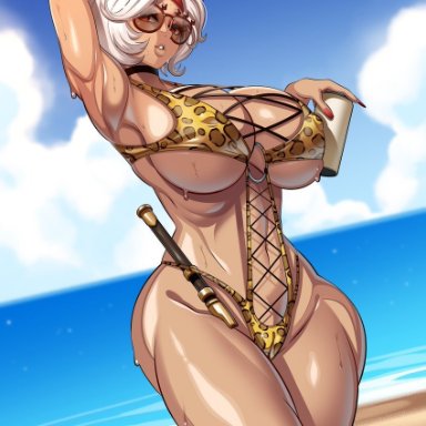 nintendo, tears of the kingdom, the legend of zelda, purah, purah (tears of the kingdom), stevechopz, 1girls, alternate breast size, animal print, beach, bimbo, breasts, female, hips, huge breasts