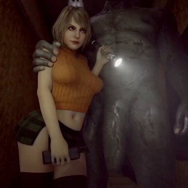 resident evil, resident evil 4 remake, ashley graham (ella freya), kassioppiava, x3d, 1girls, 1male, big penis, blonde hair, blowjob, blowjob face, deepthroat, female penetrated, indoors, light skin