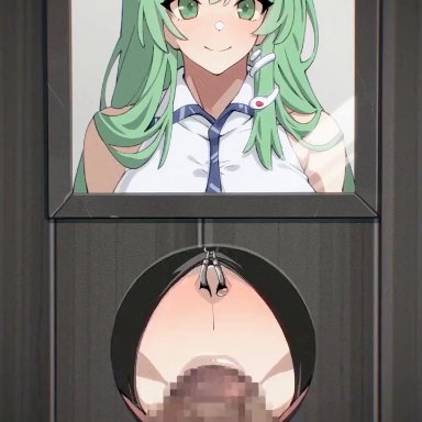 touhou, sanae kochiya, buckethead ero, fellatio, frog, glory hole, gloryhole, green eyes, green hair, hairclips, nose hook, photo, photo (object), picture frame, uniform