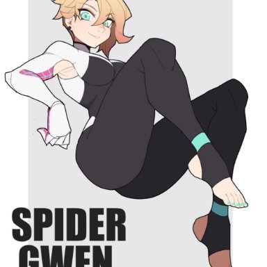 gwen stacy, spider-gwen, hanesaki, 1girls, armpit cutout, armpits, barefoot, blonde female, blonde hair, blue eyes, feet, female, female only, looking at viewer, medium breasts