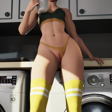 overwatch, tracer, vulpeculy, 1girls, blender, bra, brown hair, clothing, exposed, exposed pussy, female, female only, from below, holding mug, holding object