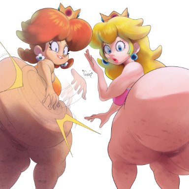 mario (series), nintendo, super mario bros., princess daisy, princess peach, barrybbeesly, 2girls, anus, ass, bare ass, blonde female, blonde hair, blue eyes, bottomless, brown hair