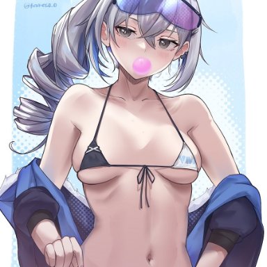 honkai: star rail, silver wolf (honkai: star rail), bubble gum, eyewear on head, micro bikini, small breasts, sunglasses on head, taking off panties, signature