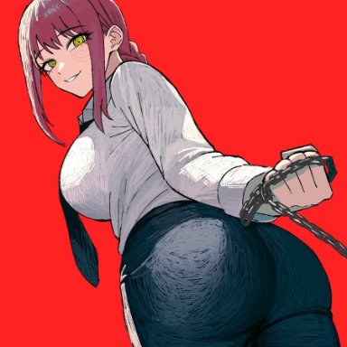 chainsaw man, makima (chainsaw man), big butt, black necktie, black pants, braid, braided ponytail, breasts, brown hair, butt, chain leash, chains, female, holding, holding leash